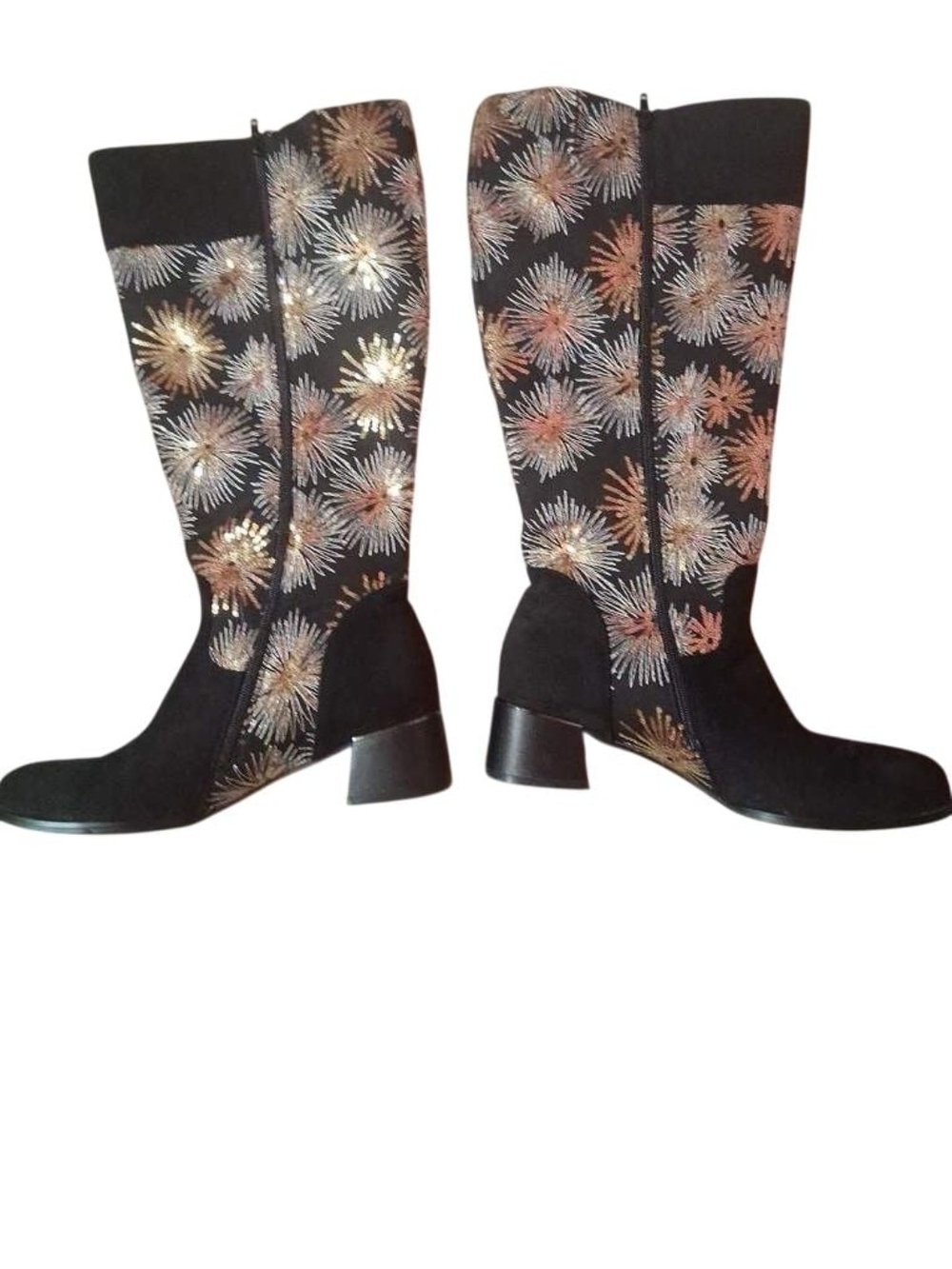 Midnight Velvet Black Knee-High Boots with Metallic Starburst Embroidery